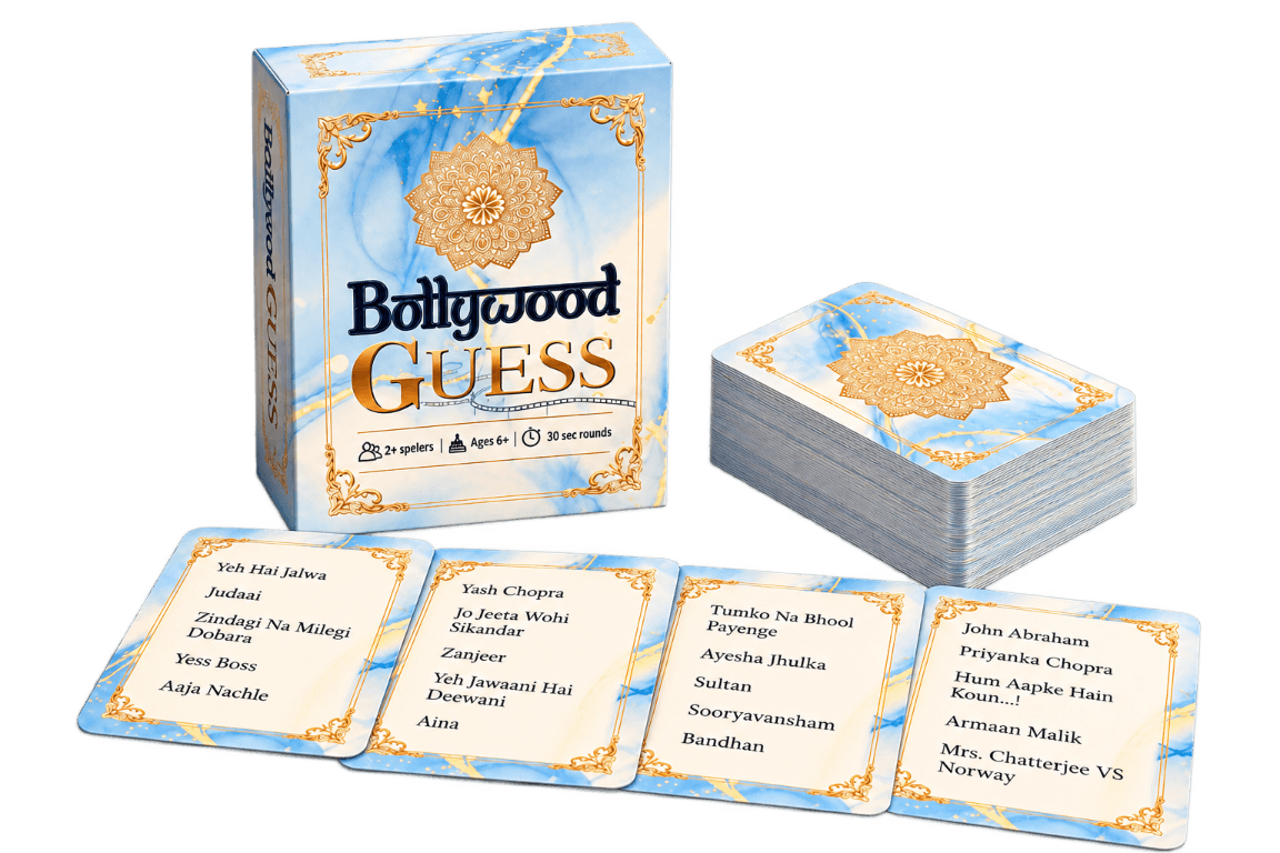 Bollywood Guess speldoos, kaartenstapel en speelkaarten